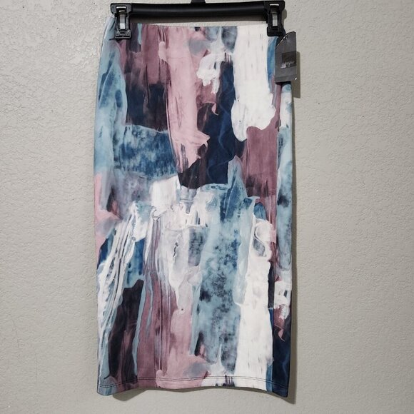 Mossimo Skirt Womens XS Pink Blue White Abstract Midi Stretch Bodycon NWT Modern - Picture 1 of 16